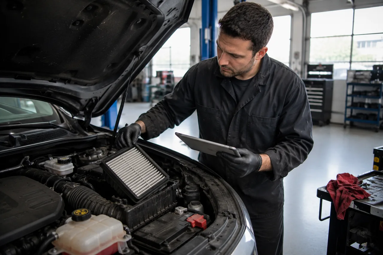 A Big O Tires North Burnaby technician inspecting an engine bay